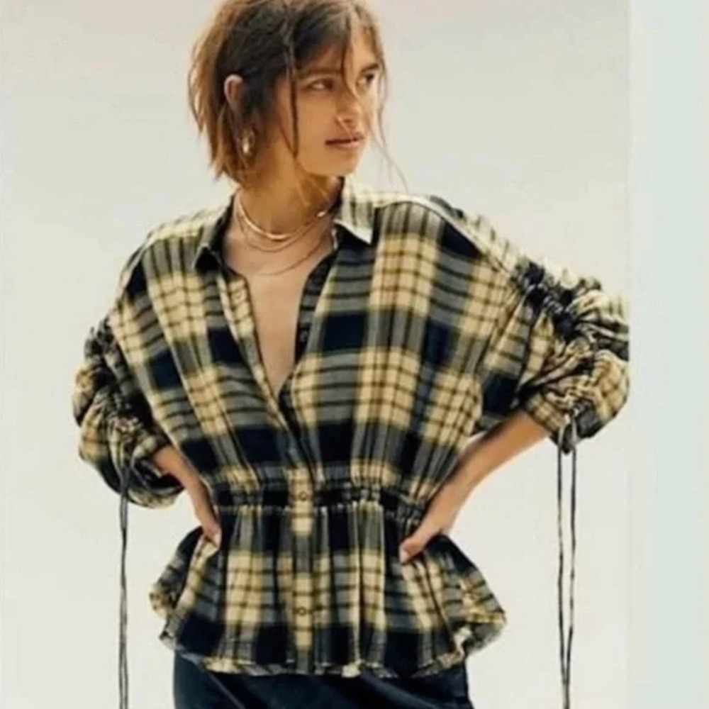 We The Free Free People Pacific Dawn Plaid Shirt in Black Combo‎ Size XS